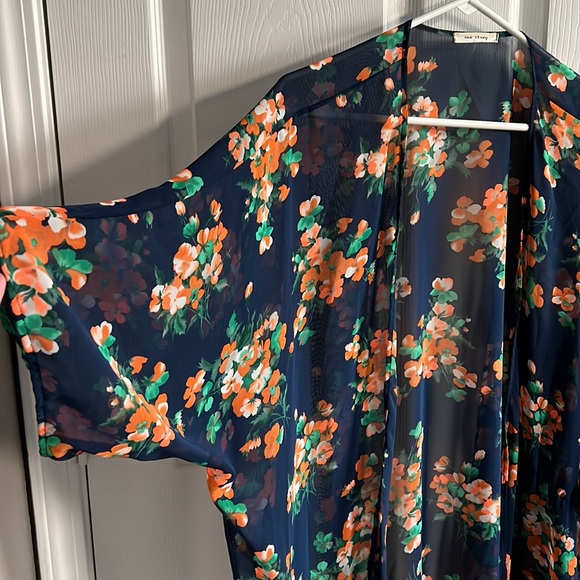 Floral Kimono with Gold Metallic Fringe Detailing - Picture 2 of 5